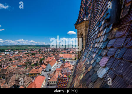 Luftaufnahme von lutherische Kathedrale der Heiligen Maria im historischen Zentrum von Sibiu Stadt der Region Transsilvanien, Rumänien Stockfoto