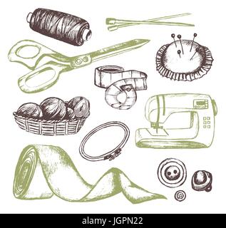 Nähzubehör - Farbe handgezeichnete Vintage Vektorgrafik. Realistische Fadenspule, Halter, Nähmaschine, Seide-Band, Stricknadel, Band-li Stock Vektor