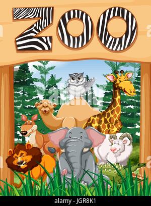 Wilde Tiere unter Zoo Zeichen illustration Stock Vektor