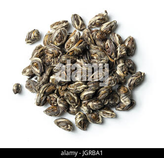 Phoenix-Augen. Perlen grüner Tee auf weißem Hintergrund. Ansicht von oben. Hautnah. Hohe Auflösung Stockfoto