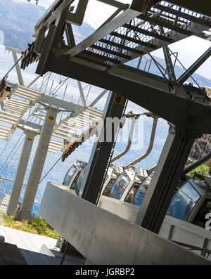 Gondel santorini (Seilbahn) vom alten Hafen zur Stadt Firá, Firá, Santorini, Ankunft an der Bergstation. Ägäis, Griechenland Stockfoto