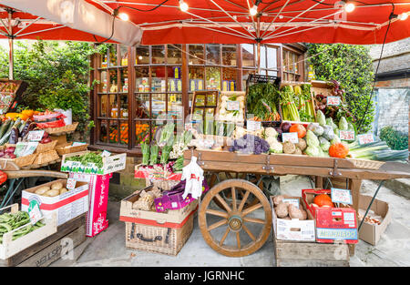 Buntes Gemüse Barrow Display außerhalb Obst-und Gemüsehändler shop, Broadway, Worcestershire, ein schönes Dorf in den Cotswolds, Südwest-England Stockfoto