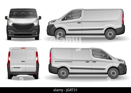 Fracht Lieferwagen Vektor Vorlage. Realistische White Cargo Minivan isoliert auf weißem Hintergrund. Einfaches Layout bearbeiten Stockfoto