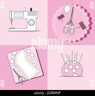 Nähmaschine, Werkzeuge und Materialien Nähen und Handarbeiten. Stock Vektor
