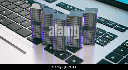 Computer-Server-Lagereinheiten auf einer Computertastatur. 3D illustration Stockfoto
