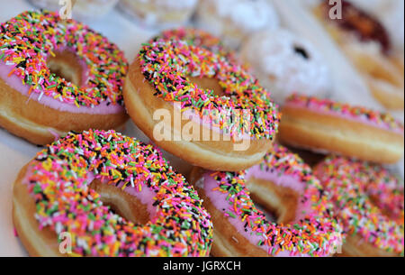 Hausgemachte bunte Donuts mit Schokolade und Zuckerguss Glasur, süß Puderzucker Zucker essen Stockfoto