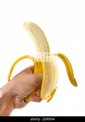 Mann Hand mit Banane isoliert auf weißem Hintergrund Stockfoto