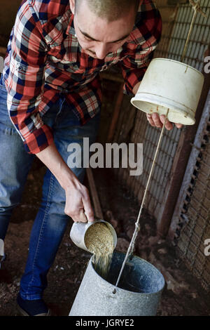 Closeup von einem kaukasischen Junglandwirt Mann trägt ein kariertes Hemd einfüllen Mischfutter Metall Zubringer im Hühnerstall Stockfoto