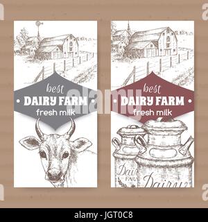 Zwei Molkerei Etiketten mit Bauernhof, Kuh, Milchkannen. Stock Vektor