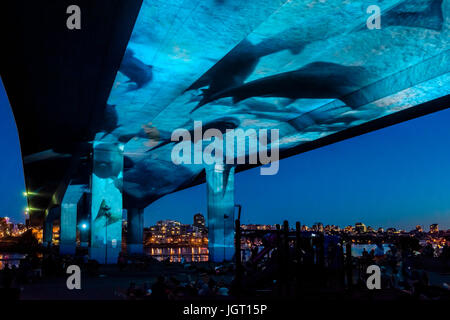 UNUNTERBROCHEN, eine filmischen Sommer-Kunst-Installation auf der Cambie Brücke, Vancouver, Britisch-Kolumbien, Kanada b.c. Lachs Wildbach projiziert. Stockfoto