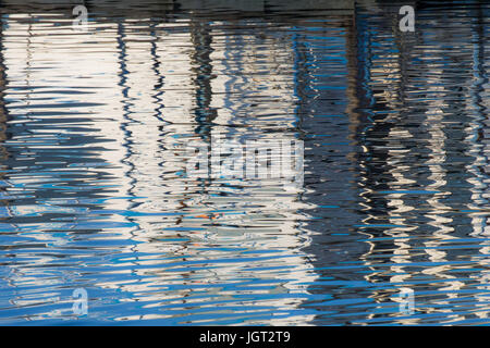 Reflexion eines Piers in den Wassern des Sees erstellt durch das Licht der untergehenden Sonne bilden unterschiedlicher Größe und Form der Schimmer und Farben Stockfoto