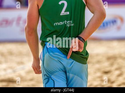 Zamosc, Polen. 9. Juli 2017. Beach Volleyball Polen Championships "Offene Plaza" Finale. Übereinstimmung zwischen Czubinski / Malec - Korycki / Chiniewicz Stockfoto