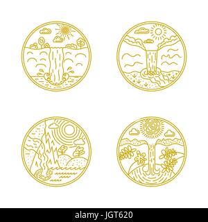 Satz von linearen Etiketten Wasserfall. Logo-Vorlagen und Abzeichen mit Wasserfall, Wolke, Bäume, Wasser, Berge, Sonne. Nationalparks und Natur explorati Stock Vektor