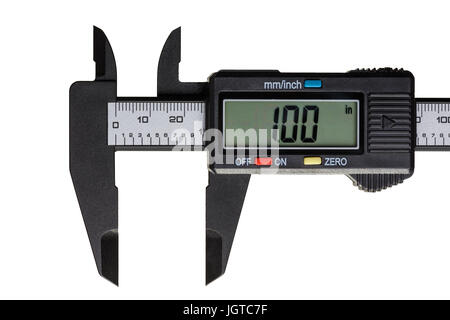 Elektronische Bremssattel auf einen Zoll auf der Skala isoliert auf einem weißen Hintergrund geöffnet Stockfoto