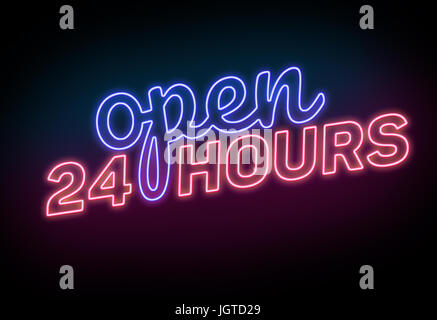 Blaue und rote Neon beleuchtet 24 Stunden geöffnet-Zeichen auf dem schwarzen Hintergrund Stockfoto