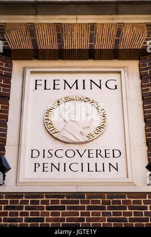 Sir Alexander Fleming entdeckte Penicillin-Plakette an der Wand der St.Mary Hospital, Paddington, London, England, Vereinigtes Königreich Stockfoto