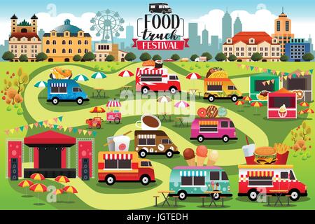 Eine Vektor-Illustration von Food Trucks Festival Karte Stock Vektor