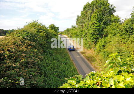 Eine schmale Landstraße mit zwei Autos auf dem Land im Felmingham, Norfolk, England, Vereinigtes Königreich. Stockfoto