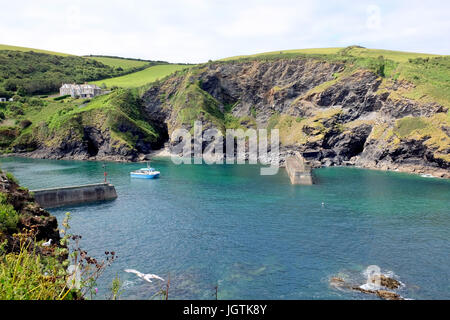 Port Isaac, Cornwall, UK. 3. Juli 2017. Die Klippen, entnommen dem Küstenpfad des Eintrags in Port Isaac Hafen in Cornwall Stockfoto