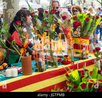 Eine Frau Verkaufen rote Rosen auf Sant Jordi Tag, Barcelona, Spanien. Stockfoto