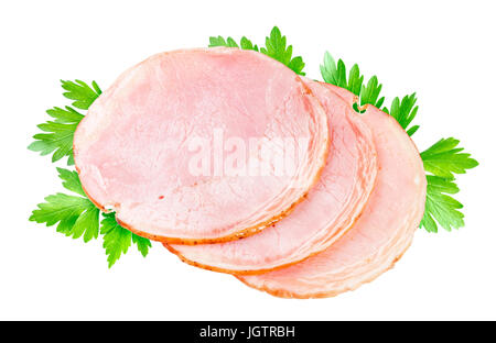 Scheiben von geräuchertem Schinken isoliert auf weiss Stockfoto