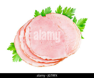 Scheiben von geräuchertem Schinken isoliert auf weiss Stockfoto