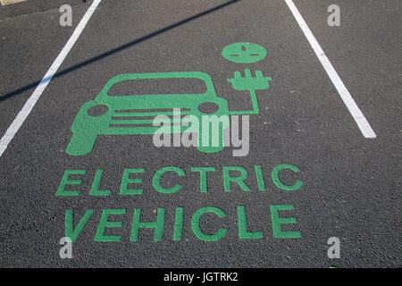 Öffentliche Parkplätze nur für Elektrofahrzeuge. Auf der Isle Of man. Stockfoto