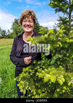 Laura Waters in ihrem Shop, Snowdon Haus außerhalb von Victoria, BC, Kanada auf Vancouver Island, wo sie Esswaren gemacht vom neuen Wachstum Douglasie verkauft Stockfoto