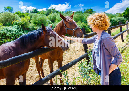 Pferde und eine Frau auf einem Bauernhof. Stockfoto