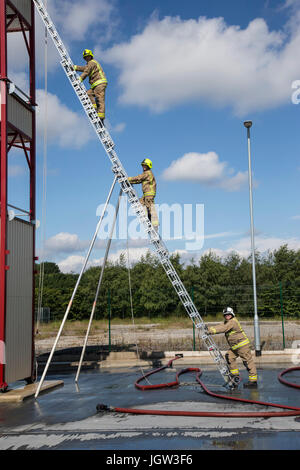 UK-Feuerwehrleute üben mit Leitern Stockfoto