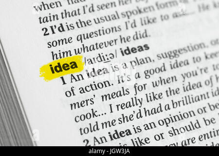 Englische Wort "Idee" und seiner Definition im Wörterbuch hervorgehoben. Stockfoto