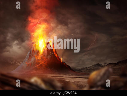 Massiven Vulkanausbruch. Ein großer Vulkan ausbricht heiße Lava und Gase in die Atmosphäre. 3D Illustration. Stockfoto