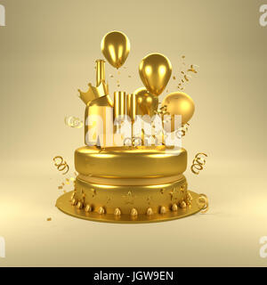 Gold Geburtstagsüberraschung. Geburtstagsfeiern mit gold Luftballons, gold Gläser und Flasche Champagner und einen Kuchen. 3D Illustration. Stockfoto
