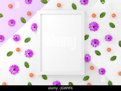 Ein weißer Fotorahmen mock-up Design mit floralen Elementen. 3D-Illustration render Stockfoto