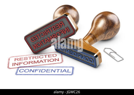 Zwei Stempel auf weißem Hintergrund mit Textinformationen eingeschränkt und vertraulich. 3D Illustration. Stockfoto