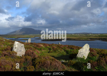 Finns Menschen Pobull Fhinn Steinkreis; Menhire; Loch Langass; North Uist; Schottland Stockfoto