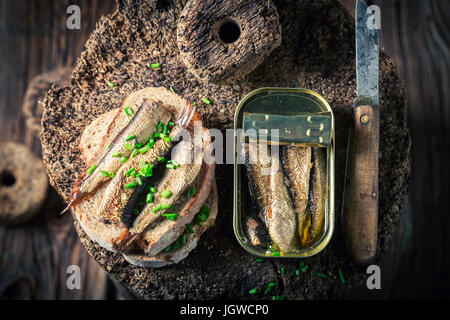 Draufsicht der Sandwich mit Sprotten und Vollkornbrot Stockfoto