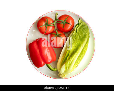Ganze Früchte von frischem Gemüse: bulgarische Pfeffer Zweig und Romaine Tomatensalat liegen auf weiße Runde Porzellanteller mit Granatapfel Felge Nahaufnahme o Stockfoto