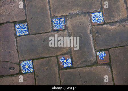 Spanisch Zinn glasiert bemalte Fliesen Azulejos aus dem 16. Jahrhundert auf dem Boden im Jardin de Las Flores (Garten der Blumen) genannt, in der Real Alcázar de Sevilla in Sevilla, Andalusien, Spanien. Stockfoto