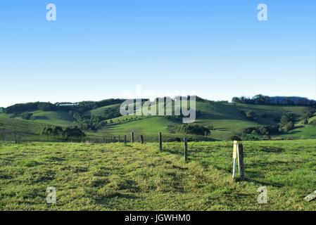 Schöne Landschaft der Landschaft Wiesen, eingezäunter Rasen Landschaft mit blauem Himmel, Bäume und Hügel in der Ferne in New South Wales, Australien Stockfoto