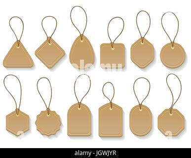 Vektor braunen Papier leer Kleidung Vintage Tags. Mode-Karton hängen Etiketten Sammlung isoliert auf weißem Hintergrund Stock Vektor