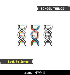 Zurück zu Schule-Versorgungsmaterialien, gezeichnete Handsymbol, isoliert auf weiss cartoon-Stil. DNA-Doppelhelix-Struktur Stockfoto