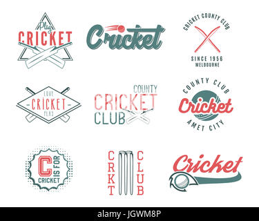 Satz von Retro-Cricket-Sport-Vorlage-Logo-Designs. Verwenden Sie als Symbole, Abzeichen, Aufkleber, Embleme oder Print. Abbildung Sport Meisterschaft. Isoliert auf weißem Hintergrund Stockfoto