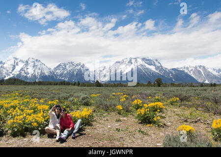 Zwei Frauen sind ein Selbstporträt im Grand Teton National Park mit ihrem Handy sitzen zwischen Arrowleaf Balsamwurzel (Balsamorhiza Sagittata) Wildflowe machen. Stockfoto