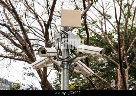 Vier CCTV-Überwachung Überwachungskameras in unterschiedliche Richtungen weisen in einem Park für die öffentliche Sicherheit. Stockfoto