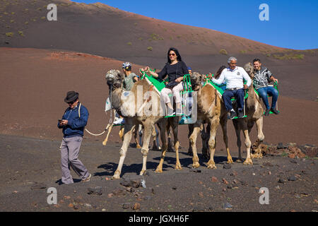 Touristen mit dromedaren, einhoeckriges Kamel (camelus dromedarius) auf den Feuerbergen, Montanas del Fuego, Nationalpark Timanfaya auf Lanzarote, kanari Stockfoto
