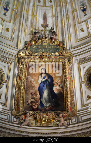 Gemälde "Unbefleckte Empfängnis" spanischen Barock-Malers Bartolomé Esteban Murillo (1667) im Kapitelsaal (Sala Capitular) der Kathedrale von Sevilla (Catedral de Sevilla) in Sevilla, Andalusien, Spanien. Stockfoto