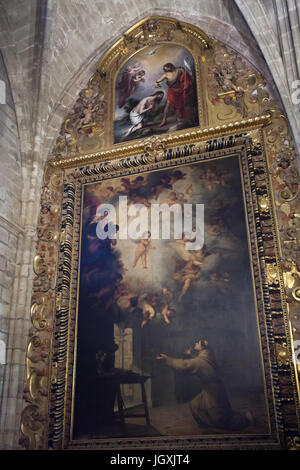 Gemälde "Die Vision des Heiligen Antonius von Padua" und "Taufe Christi" von spanischen Barock Maler Bartolomé Esteban Murillo (1667) auf dem Display in den Altar der Capilla de San Antonio von Sevilla Kathedrale (Catedral de Sevilla) in Sevilla, Andalusien, Spanien. Stockfoto