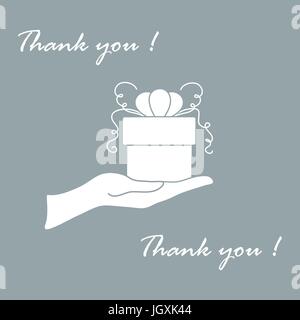 Niedliche Bild mit Hand, ein Geschenk und eine Inschrift: Ich danke Ihnen auf einem farbigen Hintergrund. Stock Vektor