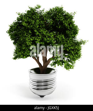 Baum im Inneren der Glühbirne isoliert auf weißem Hintergrund. 3D Illustration. Stockfoto